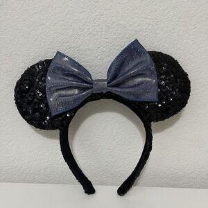 Disney Parks Minnie Mouse Sequin Shimmer Blue Bow Headband Black Ears